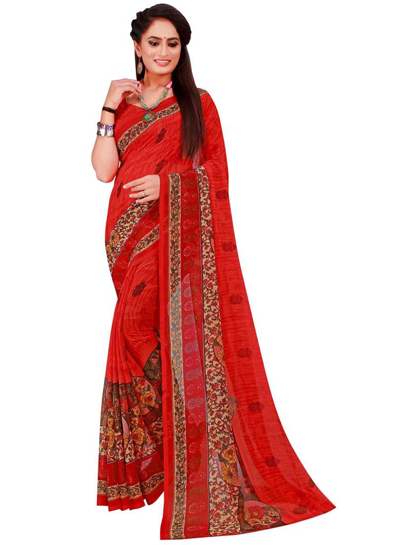 women's printed red colored saree with blouse
