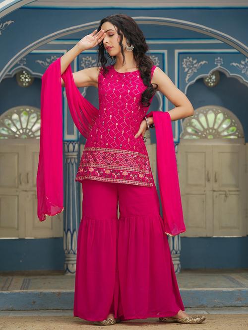 fuchsia kurta sharara set with dupatta - 18699878 - Standard Image - 0