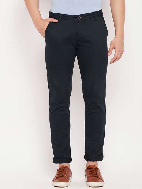 blue cotton flat front casual trousers - 18701464 -  Standard Image - 0
