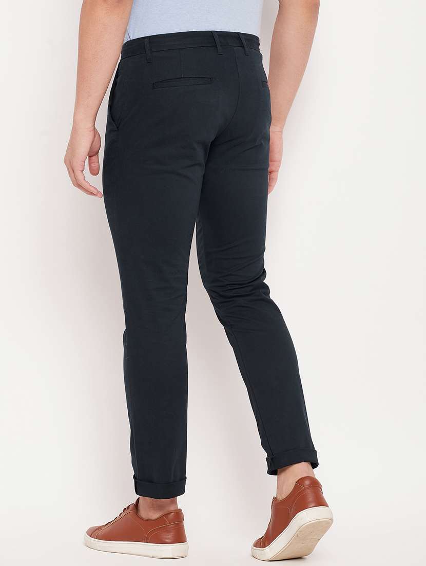 blue cotton flat front casual trousers - 18701464 -  Standard Image - 3
