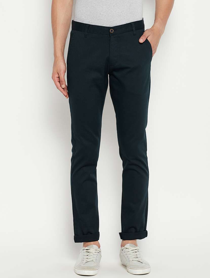 blue solid flat front casual trouser
