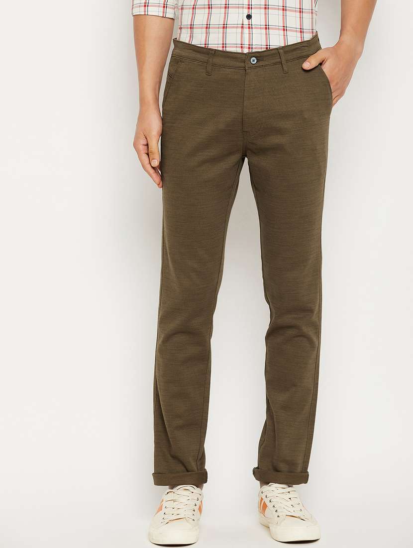 brown solid flat front casual trouser - 18701667 -  Zoom Image - 0