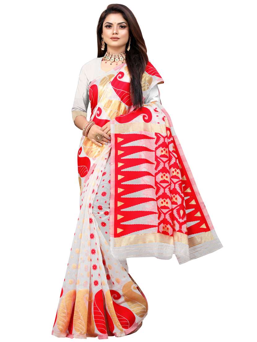 white cotton blend kanjivaram saree with blouse - 18718610 - Zoom Image - 0