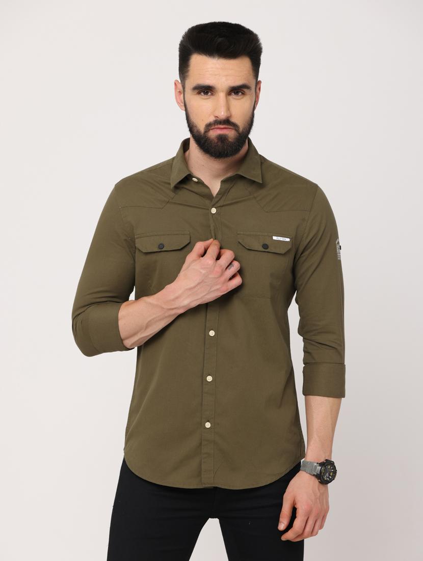 khaki colored solid design casual shirt - 18720652 - Zoom Image - 0
