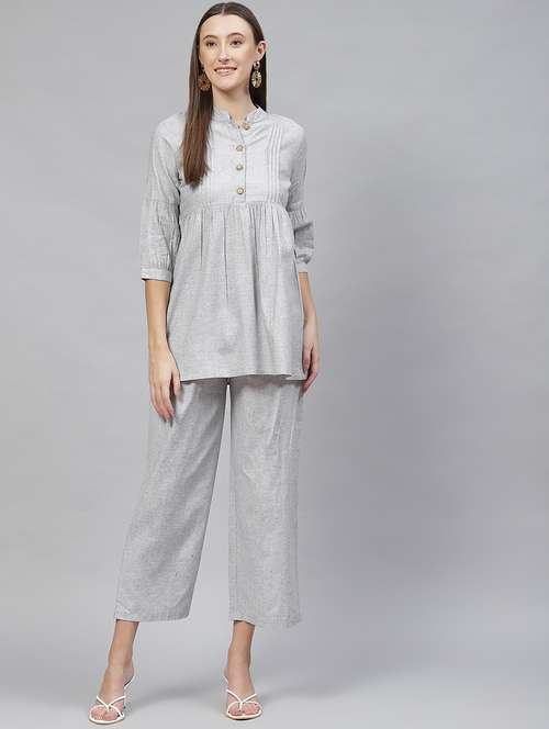 mandarin neck pleated top bottom set - 18720831 -  Standard Image - 0