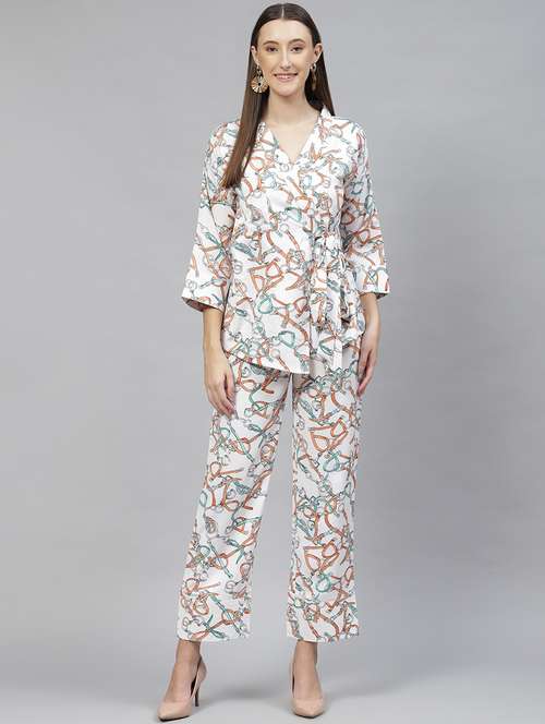 wrap up neck printed top bottom set - 18720835 - Standard Image - 0