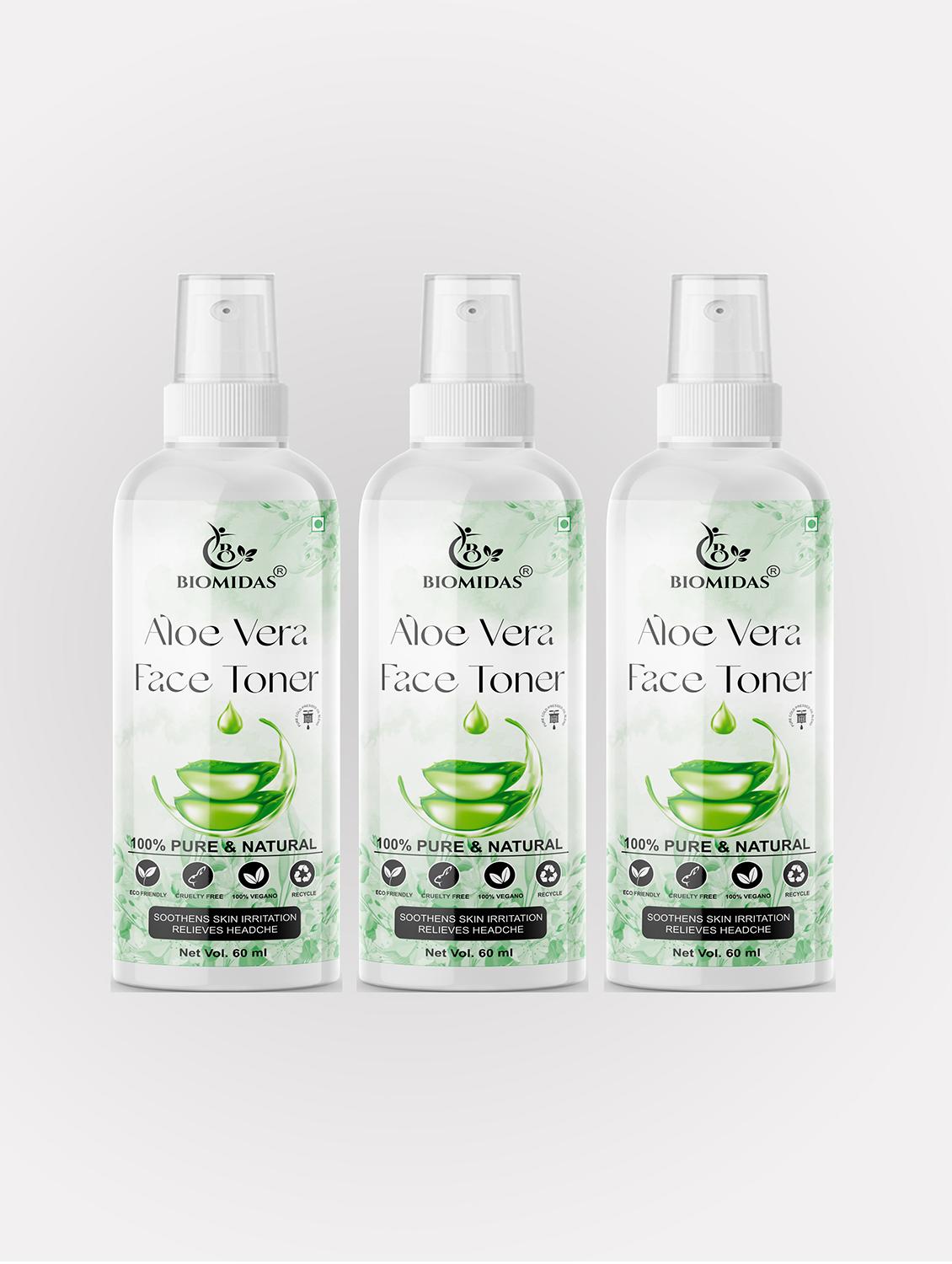 biomidas 100% natural aloe vera toner for cleansing & refreshing skin pore tightening toner with spray 60ml (pack of 3) - 18722354 - Zoom Image - 0