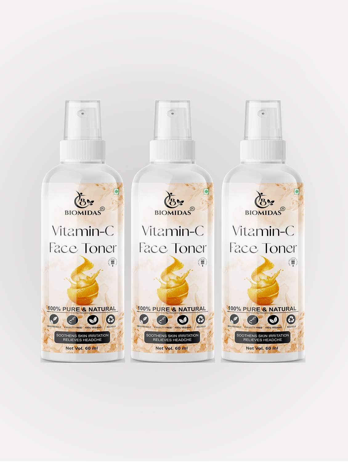 biomidas 100% natural vitamin-c toner for cleansing & refreshing skin pore tightening toner with spray 60ml (pack of 3)
