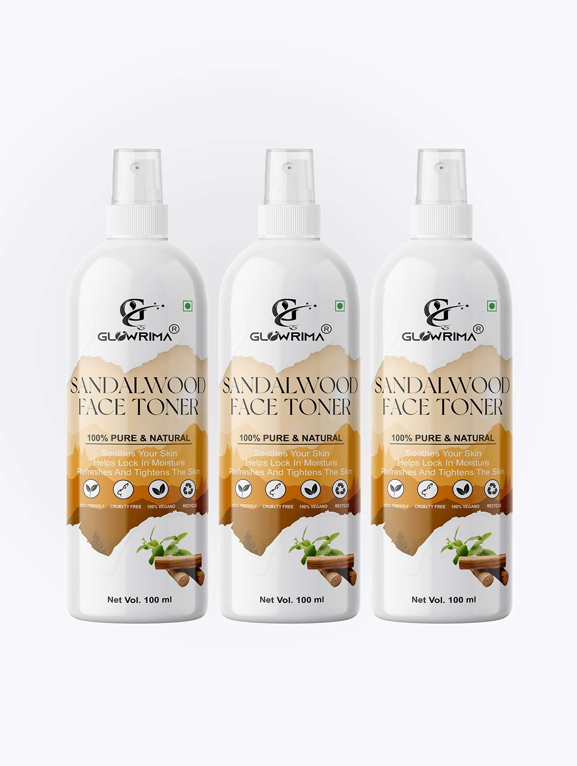 glowrima 100% natural sandalwood toner for cleansing & refreshing skin pore tightening toner with spray 100ml (pack of 3)