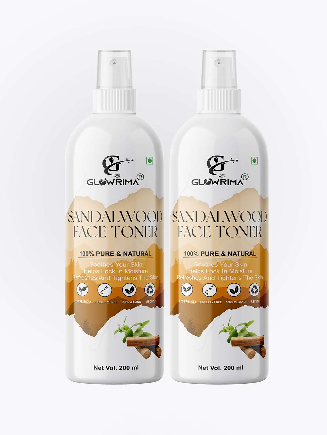 glowrima 100% natural sandalwood toner for cleansing & refreshing skin pore tightening toner with spray 200ml (pack of 2)
