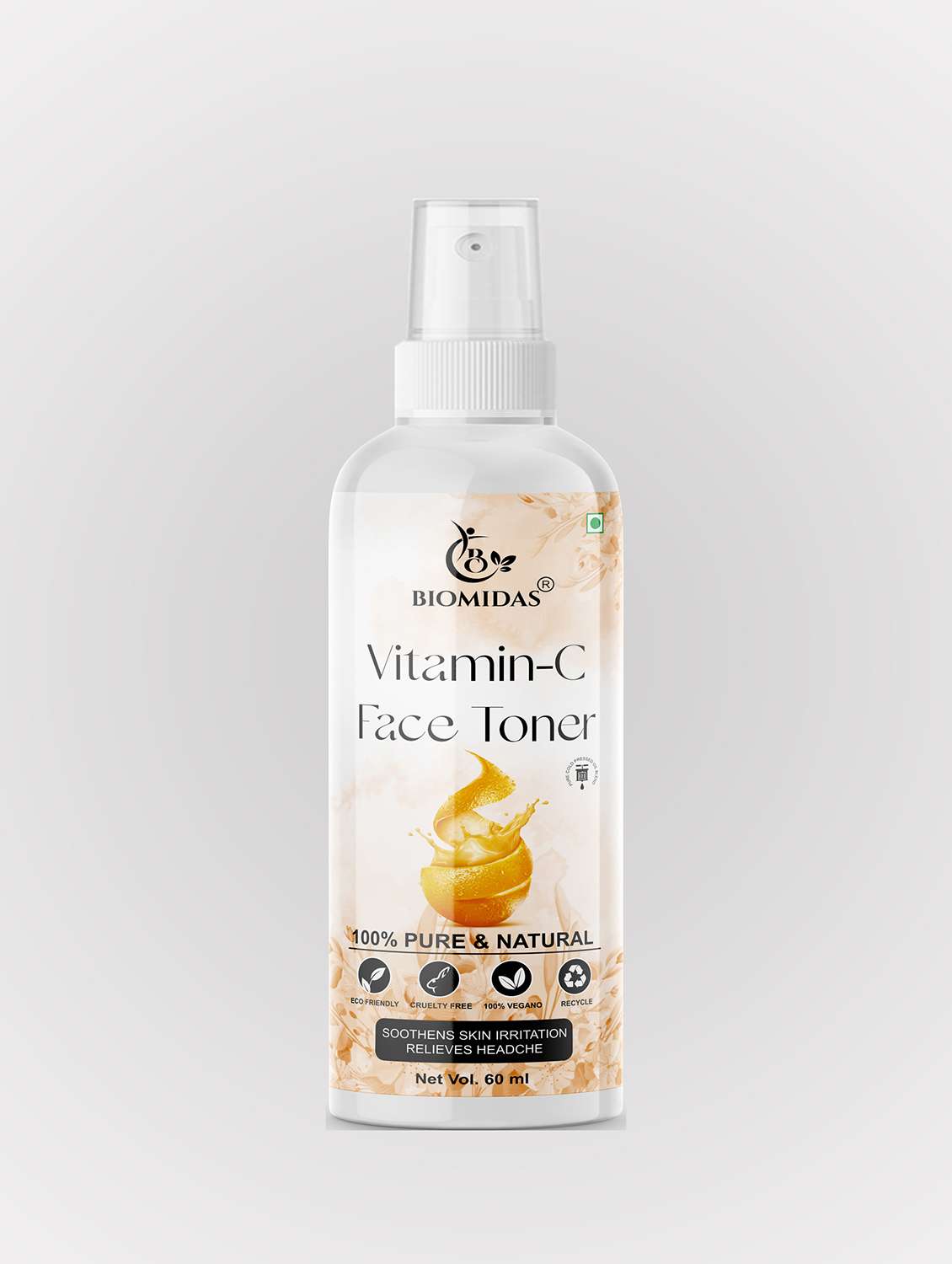 biomidas 100% natural vitamin-c toner for cleansing & refreshing skin pore tightening toner with spray 60ml (pack of 1)