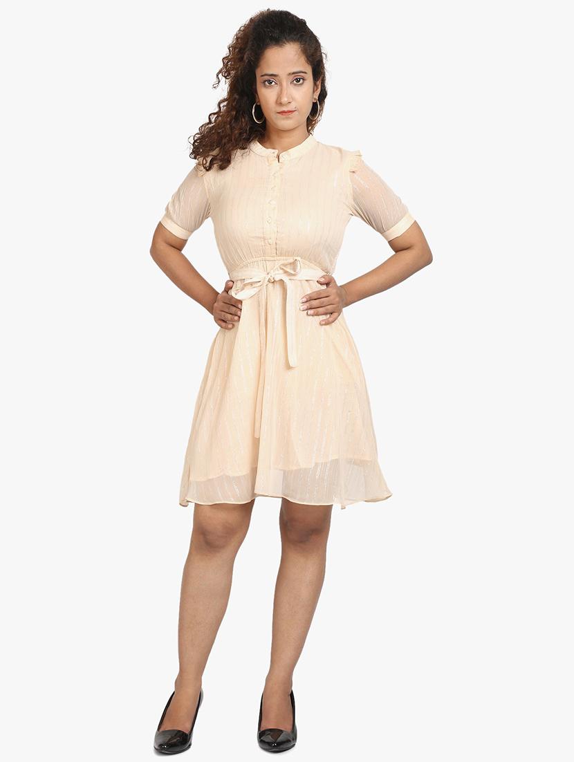 beige striped polyester a-line dress - 18735494 -  Zoom Image - 0