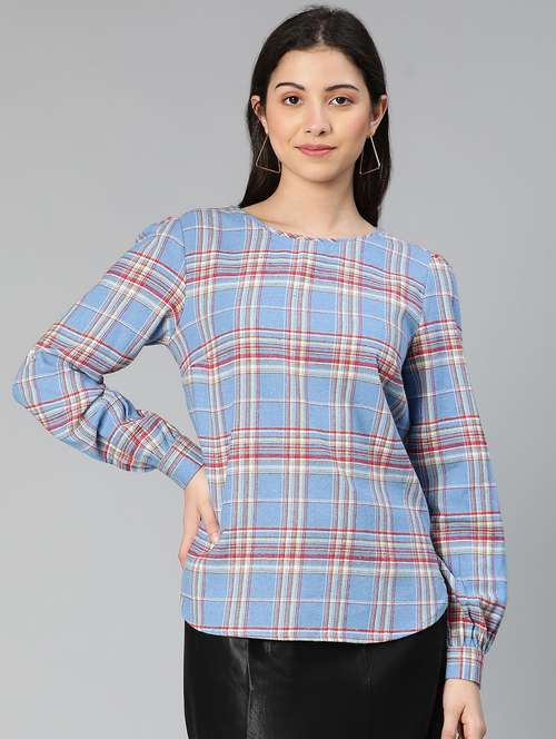 round neck checkered regular top - 18735732 -  Standard Image - 0