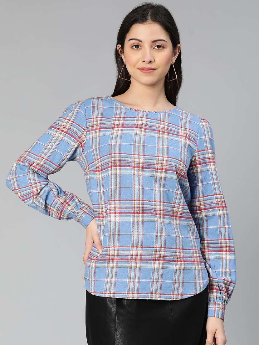 round neck checkered regular top - 18735732 -  Zoom Image - 0
