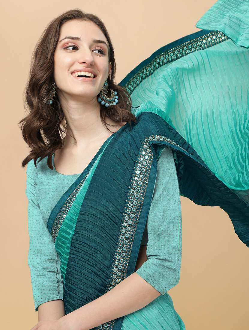 women's self design turquoise colored saree with blouse - 18736528 - Standard Image - 3