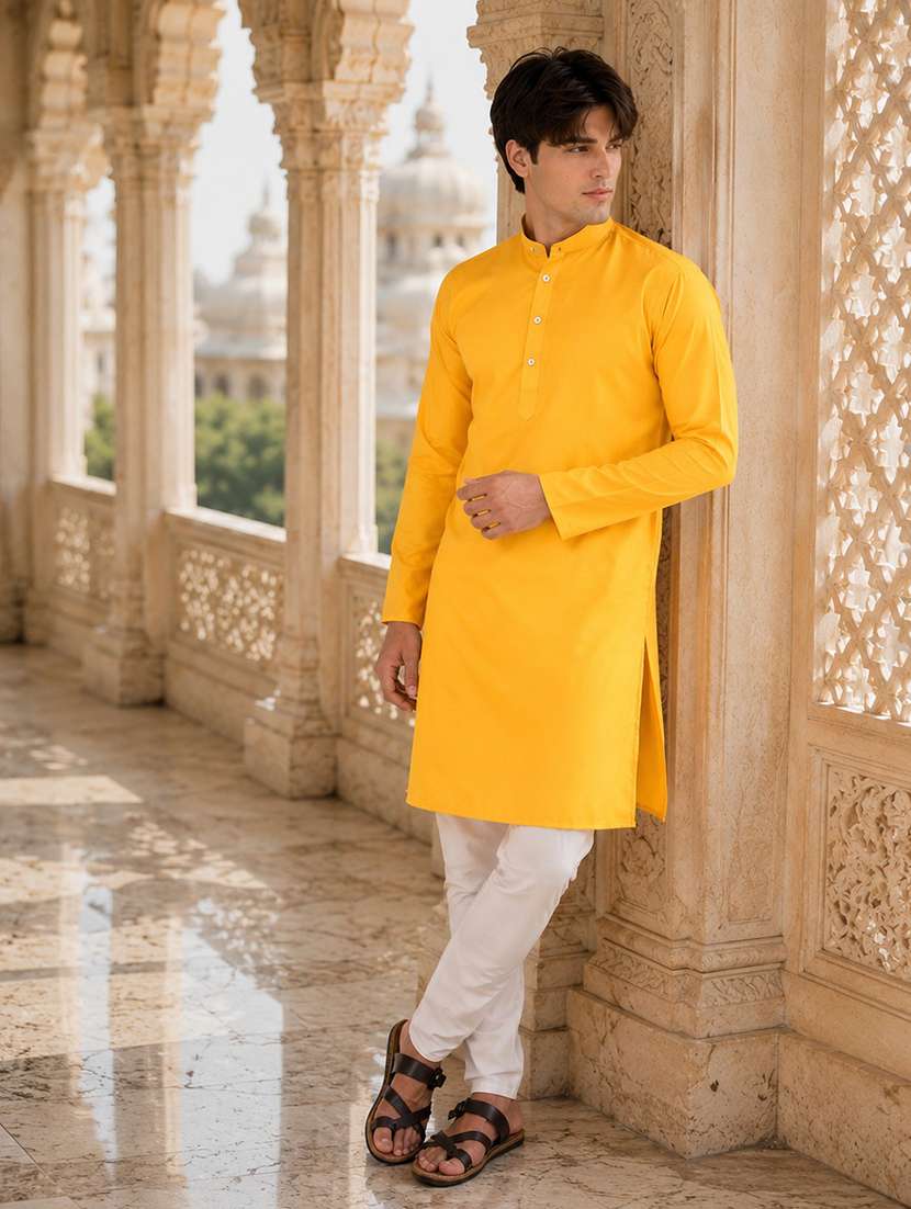 yellow solid mandarin long kurta