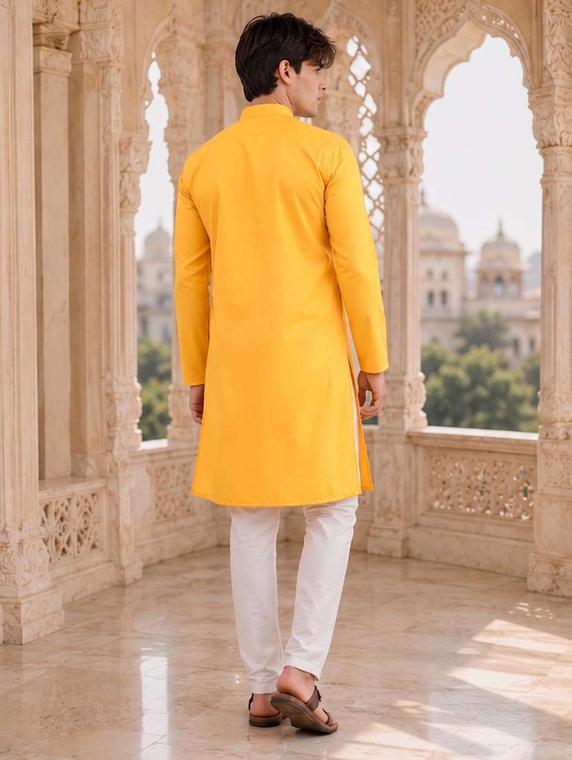 yellow solid mandarin long kurta - 18736568 -  Standard Image - 3