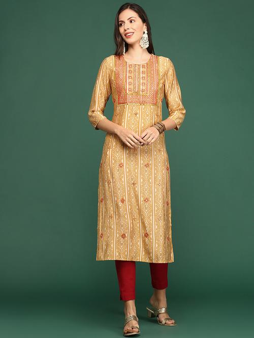 mustard embroidered straight kurta - 18736698 -  Standard Image - 0