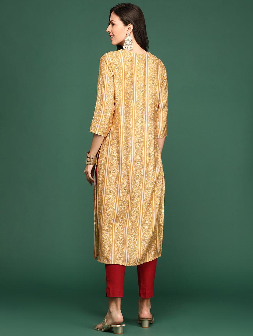 mustard embroidered straight kurta - 18736698 - Standard Image - 3