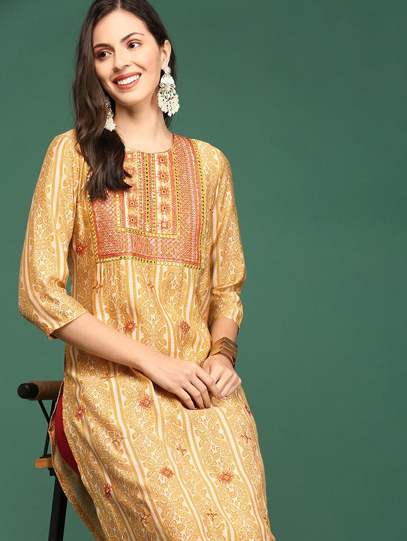 mustard embroidered straight kurta - 18736698 - Standard Image - 5