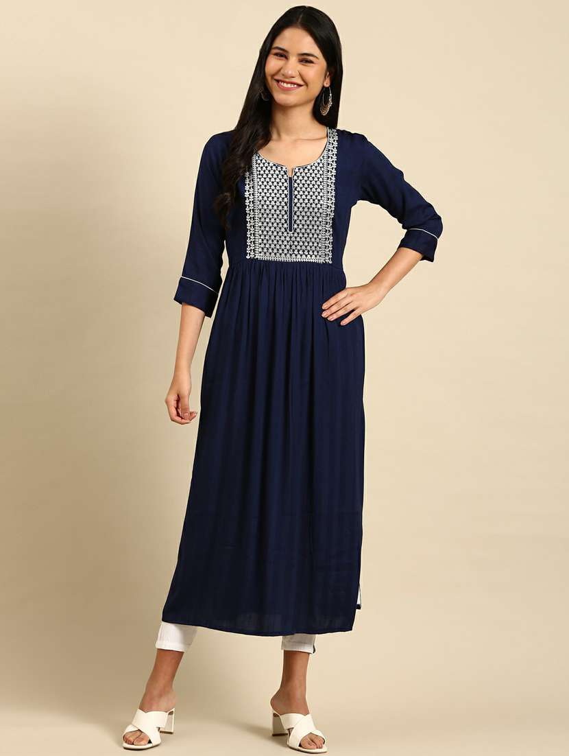 navy blue embroidered flared kurta - 18736735 - Zoom Image - 0