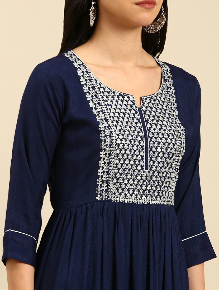 navy blue embroidered flared kurta - 18736735 - Standard Image - 3