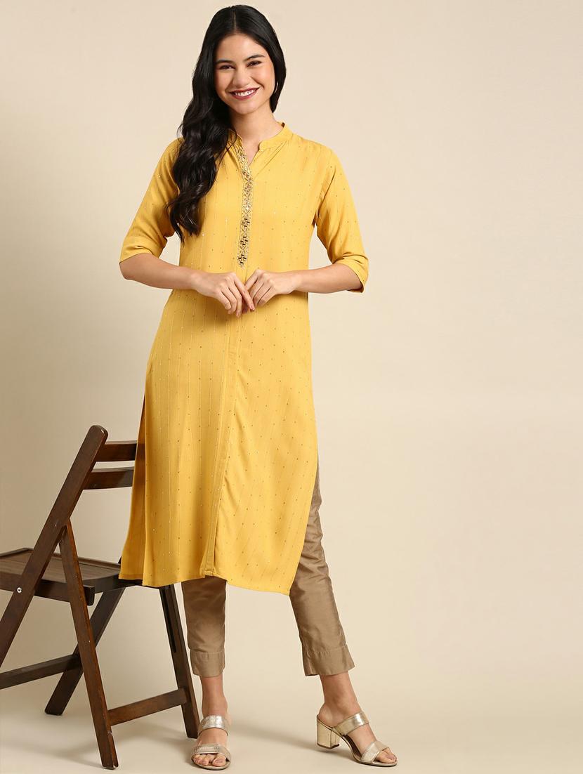 yellow embroidered straight kurta