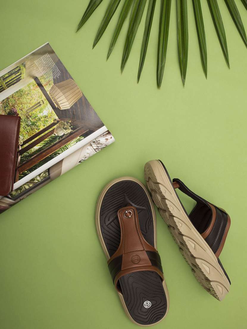 tan synthetic & mesh slip on slippers
