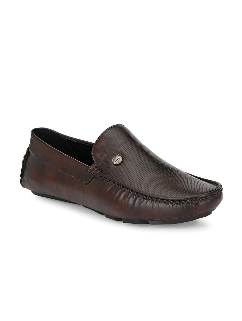brown synthetic slip on loafers