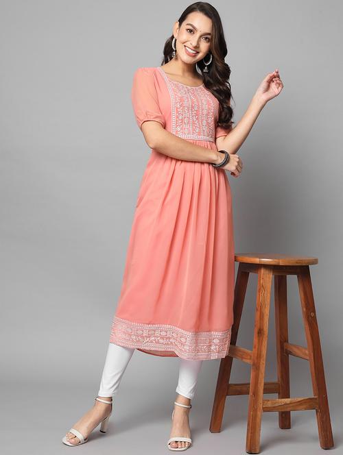 peach georgette flared kurta - 18738019 -  Standard Image - 0