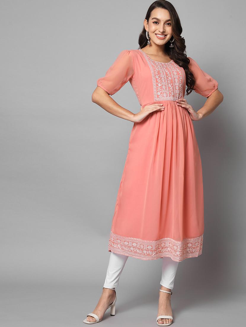 peach georgette flared kurta - 18738019 - Standard Image - 3