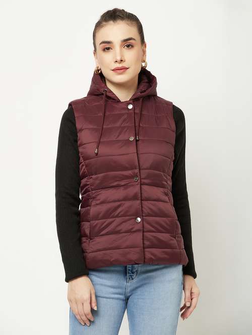 women burgundy solid sleeveless quilted jacket - 18739041 -  Standard Image - 0