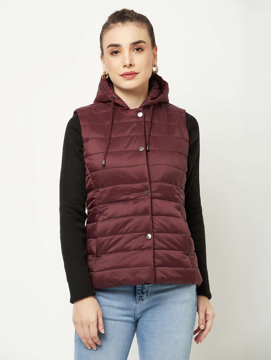 women burgundy solid sleeveless quilted jacket - 18739041 -  Zoom Image - 0