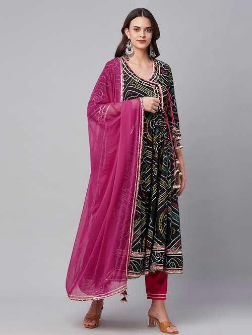 women three quarter sleeve anarkali kurta pant with dupatta set - 18739078 -  Standard Image - 0