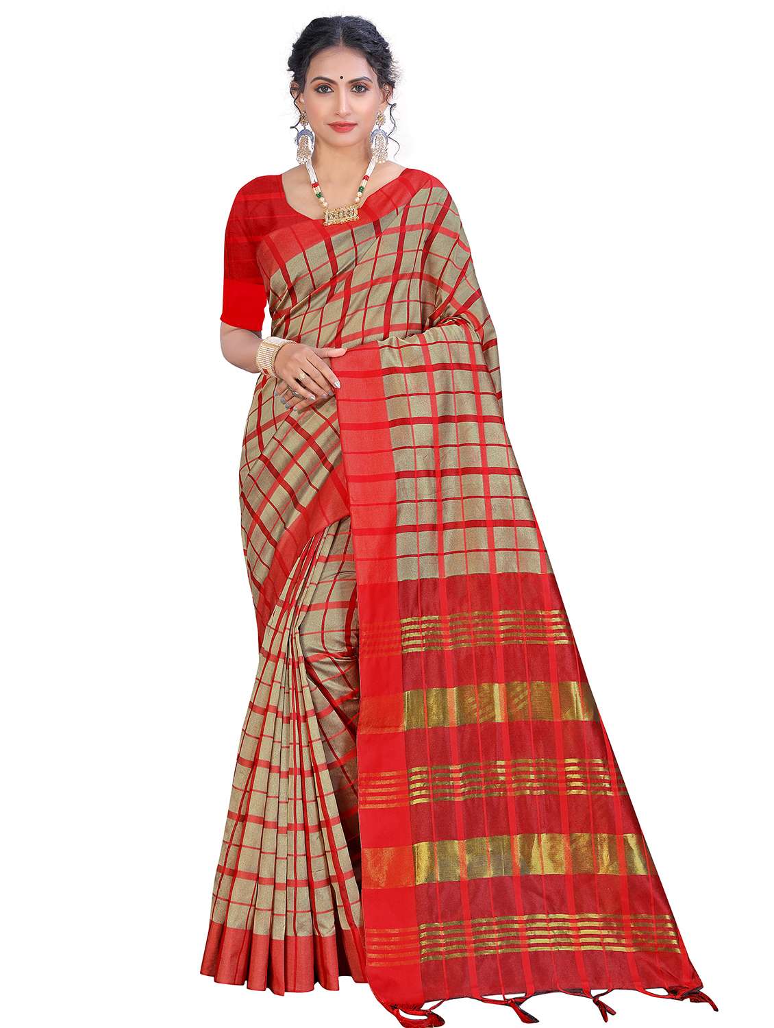 check printed saree with blouse - 18739094 - Zoom Image - 0