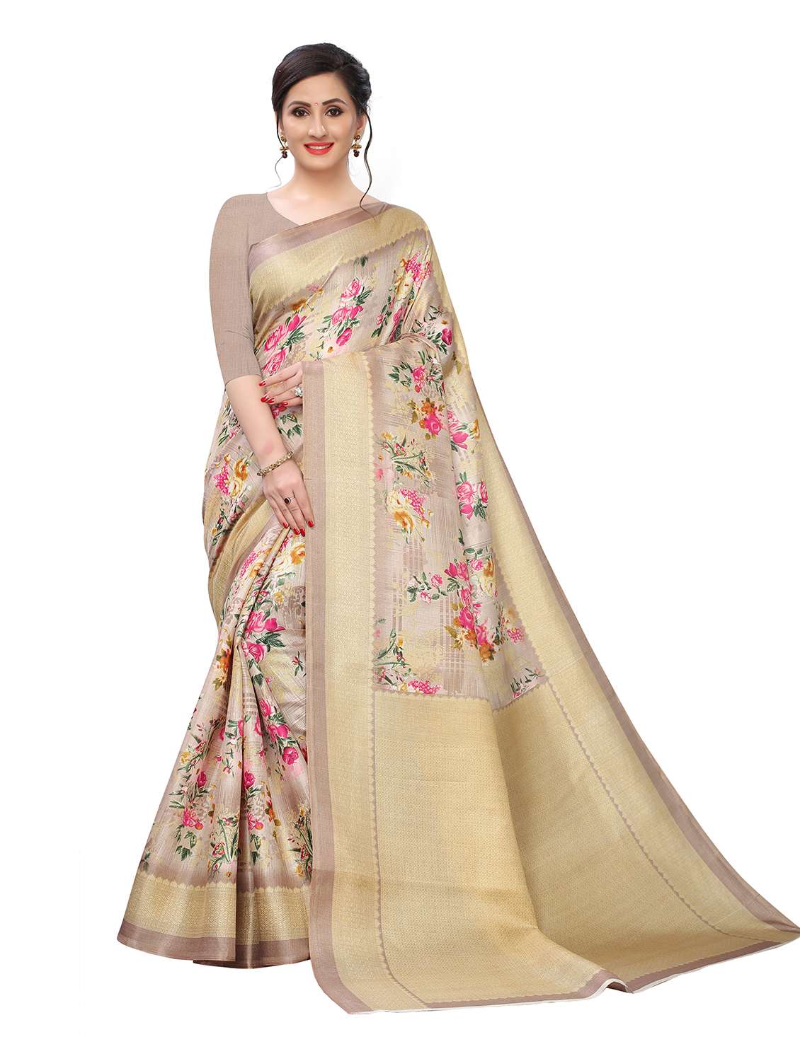 zari bordered floral designed saree with blouse - 18739396 - Zoom Image - 0