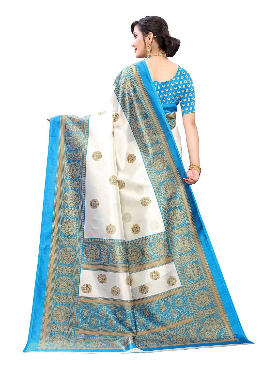 golden bordered printed saree with blouse - 18739404 -  Standard Image - 3