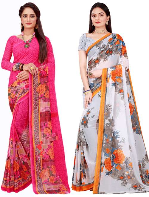 pack of 2 printed sarees with blouse - 18740588 - Standard Image - 0