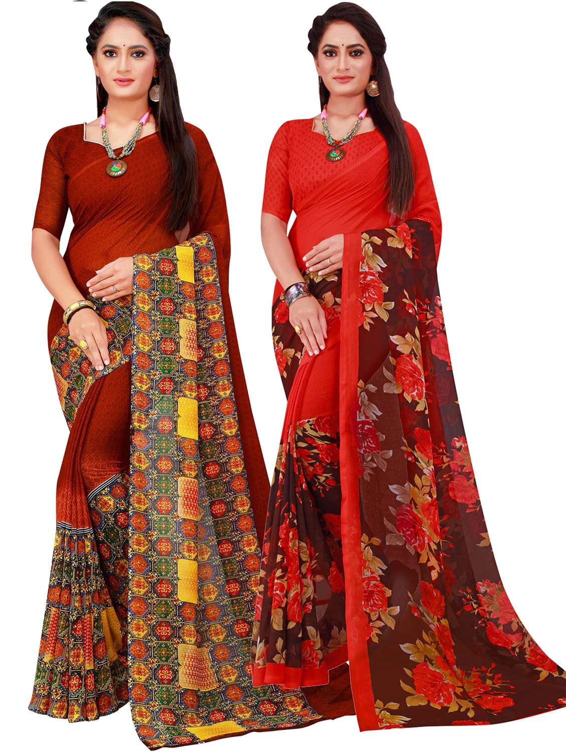women pack of 2 casual wear combo sarees with blouse