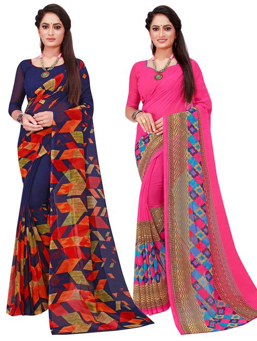 pack of 2 printed sarees with blouse - 18742046 - Standard Image - 0