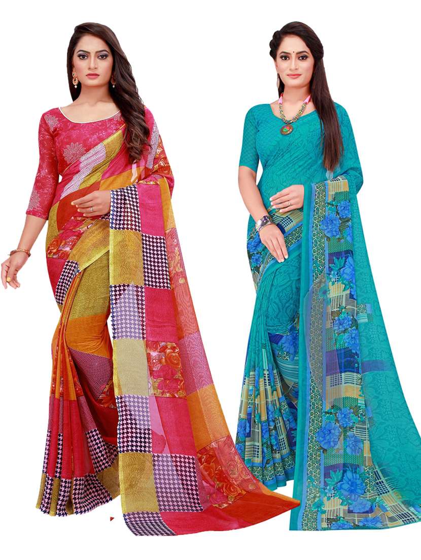 pack of 2 printed sarees with blouse - 18742154 - Zoom Image - 0