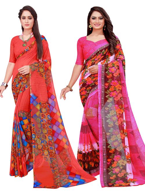 pack of 2 printed sarees with blouse - 18742188 - Standard Image - 0