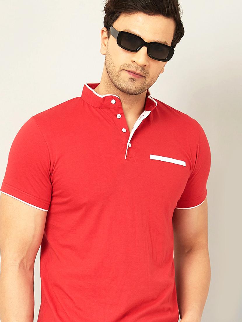 red colored mandarin neck t-shirt - 18742753 - Zoom Image - 0