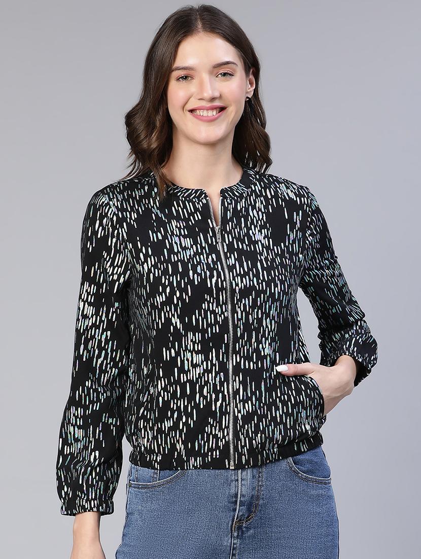 zip up foil printed casual jacket - 18743280 - Zoom Image - 0