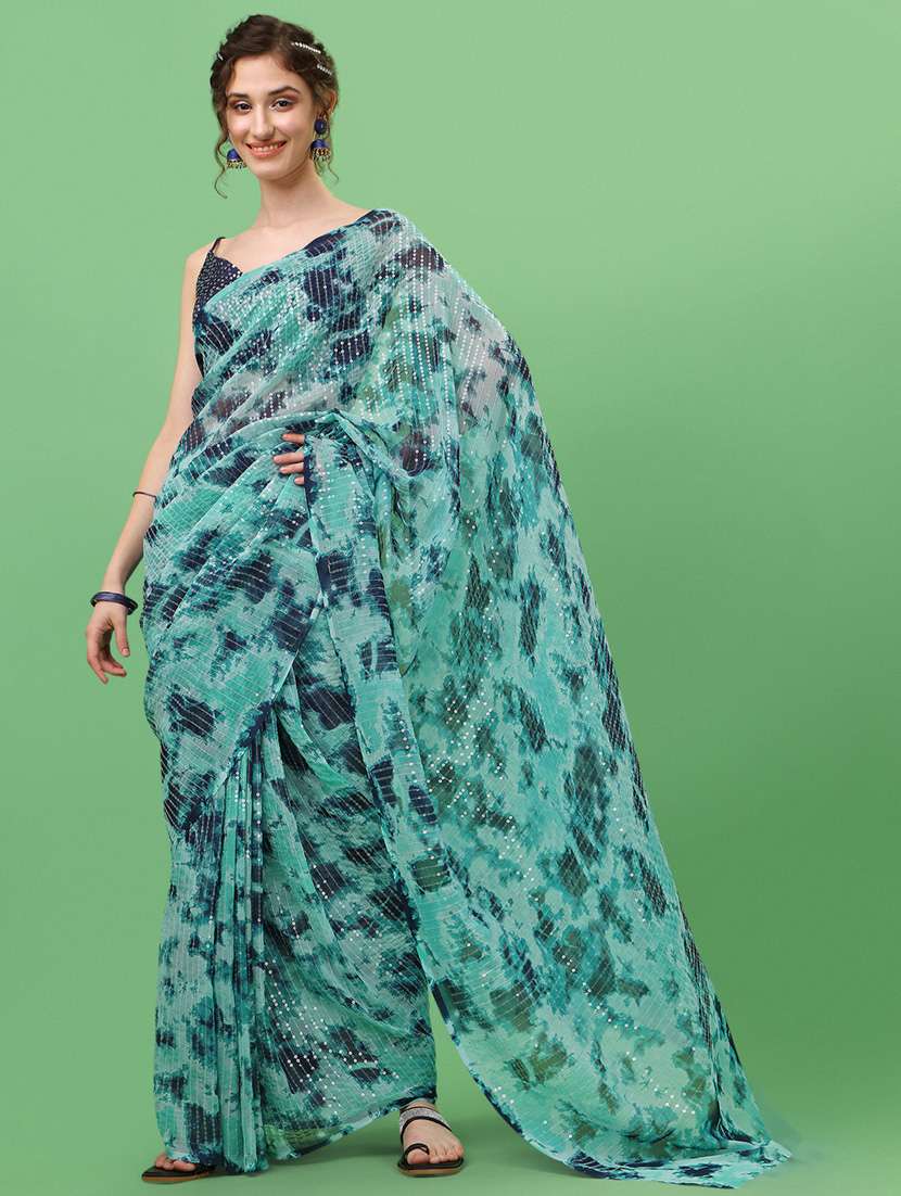 women's printed ai aqua colored saree with blouse - 18743543 - Zoom Image - 0