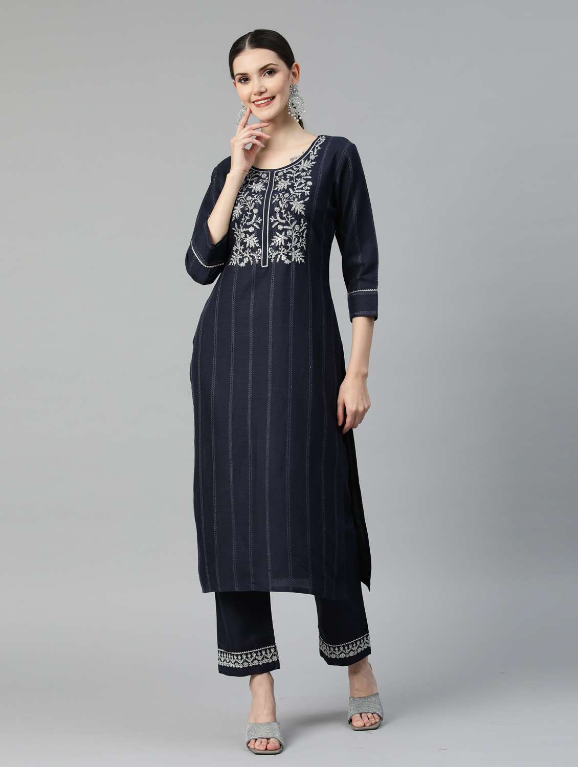 women navy blue self design kurta pant set - 18743700 -  Zoom Image - 0
