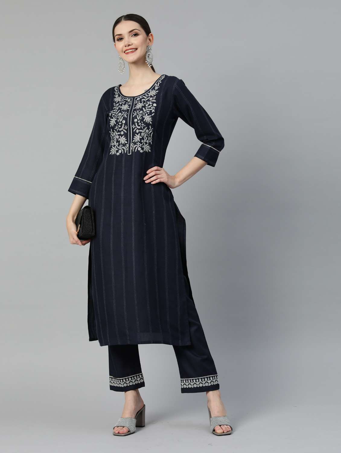women navy blue self design kurta pant set - 18743700 - Standard Image - 3