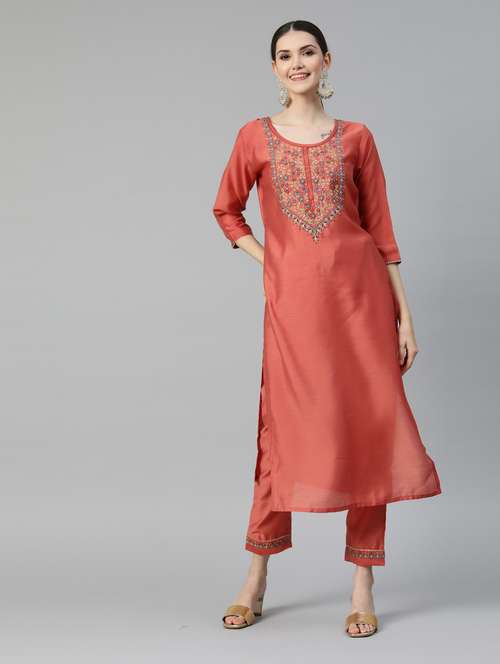 women peach round neck kurta pant set - 18743713 - Standard Image - 0