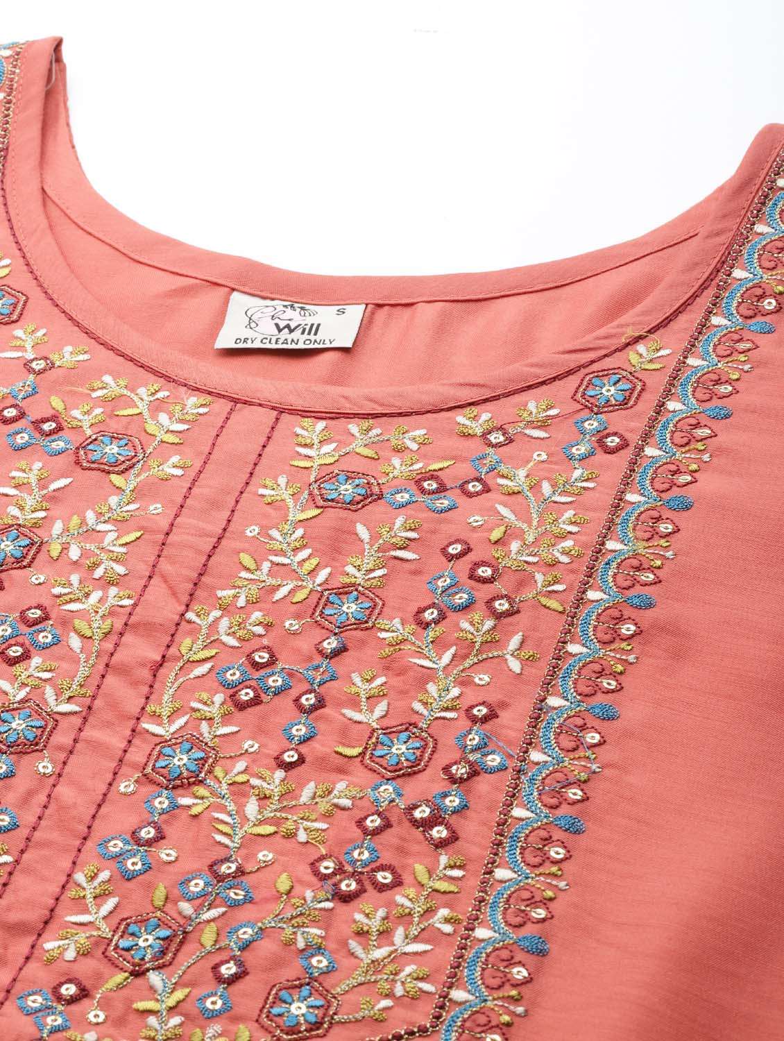 women peach round neck kurta pant set - 18743713 - Standard Image - 5