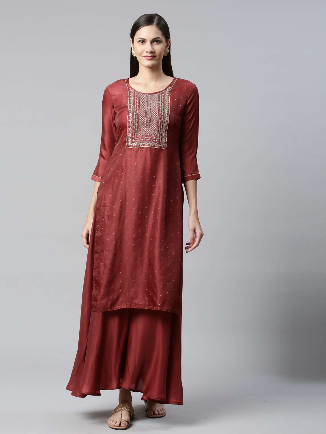 peach satin kurta palazzo set - 18743728 - Zoom Image - 0
